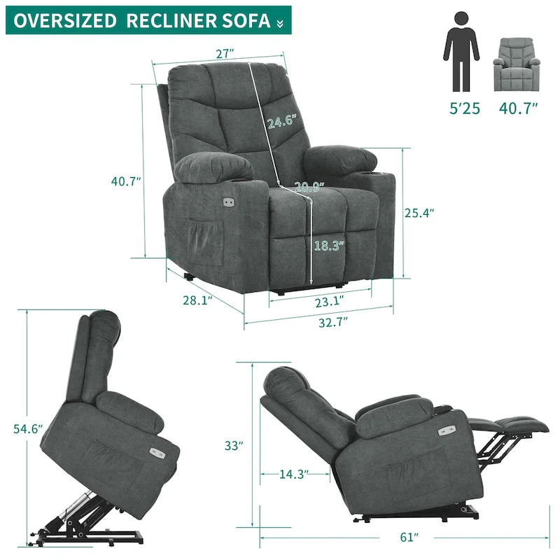 Fauteuil inclinable massant et releveur électrique – Tissu / Similicuir, Gris / Marron, 1 place