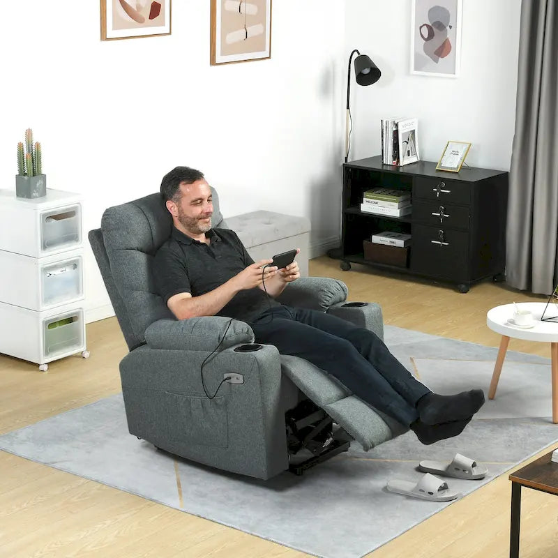 Fauteuil inclinable massant et releveur électrique – Tissu / Similicuir, Gris / Marron, 1 place