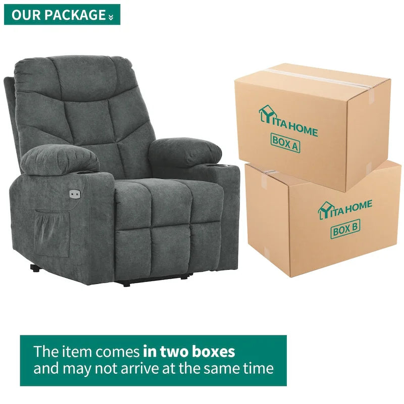 Fauteuil inclinable massant et releveur électrique – Tissu / Similicuir, Gris / Marron, 1 place