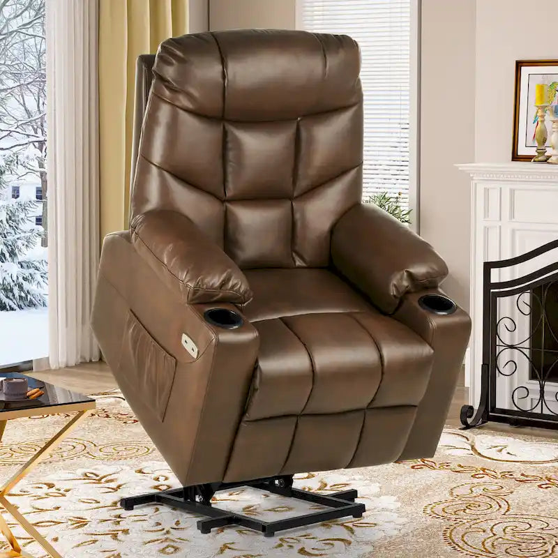 Fauteuil inclinable massant et releveur électrique – Tissu / Similicuir, Gris / Marron, 1 place