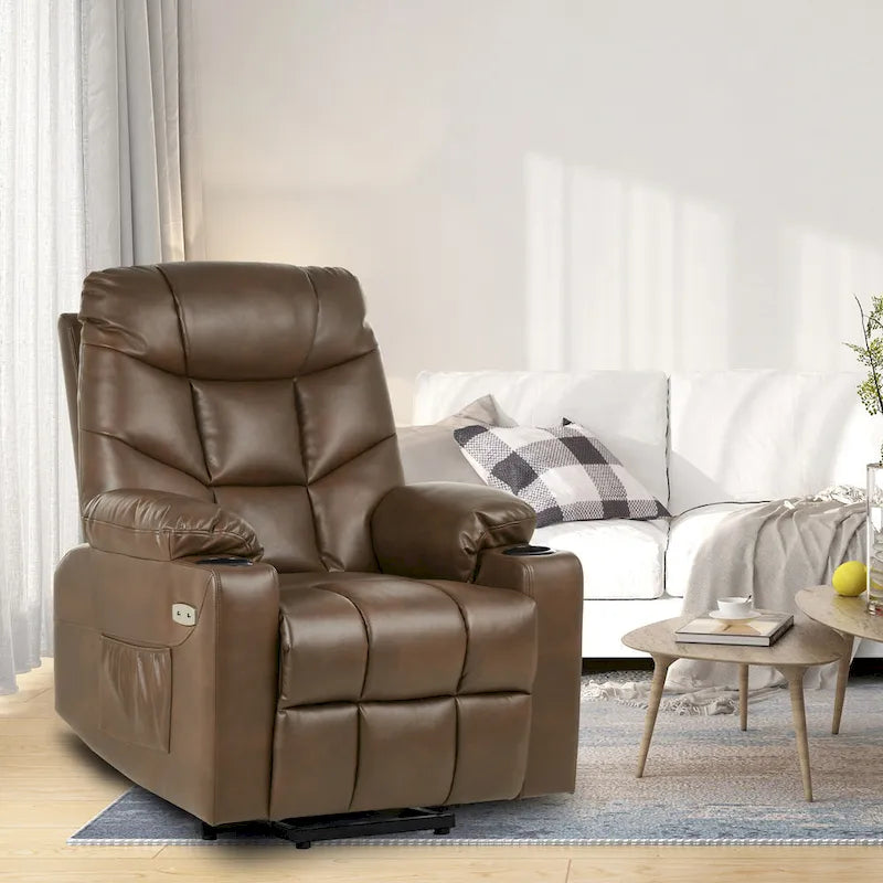 Fauteuil inclinable massant et releveur électrique – Tissu / Similicuir, Gris / Marron, 1 place