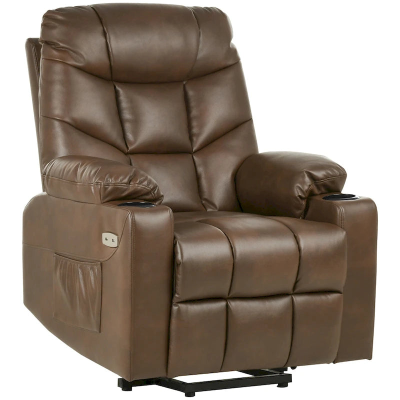 Fauteuil inclinable massant et releveur électrique – Tissu / Similicuir, Gris / Marron, 1 place