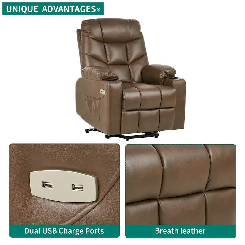 Fauteuil inclinable massant et releveur électrique – Tissu / Similicuir, Gris / Marron, 1 place
