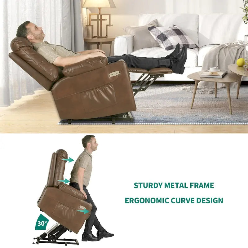 Fauteuil inclinable massant et releveur électrique – Tissu / Similicuir, Gris / Marron, 1 place