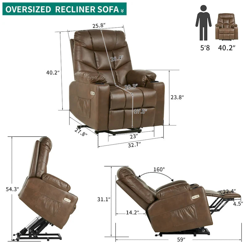 Fauteuil inclinable massant et releveur électrique – Tissu / Similicuir, Gris / Marron, 1 place