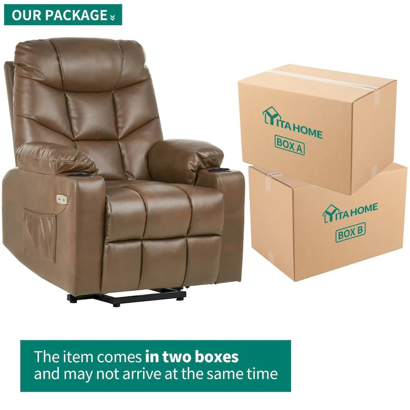 Fauteuil inclinable massant et releveur électrique – Tissu / Similicuir, Gris / Marron, 1 place