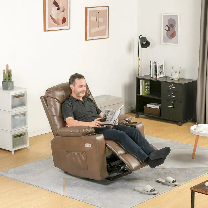 Fauteuil inclinable massant et releveur électrique – Tissu / Similicuir, Gris / Marron, 1 place