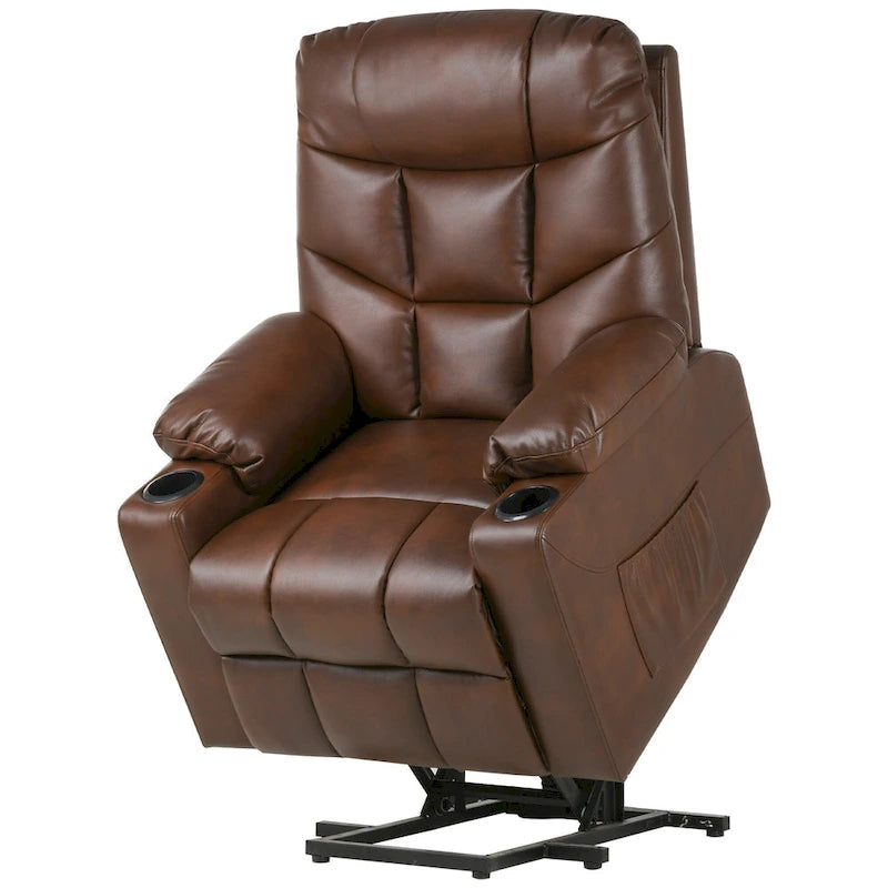 Fauteuil inclinable massant et releveur électrique – Tissu / Similicuir, Gris / Marron, 1 place