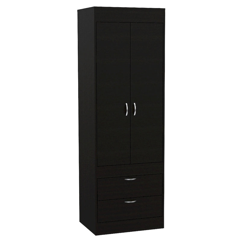 Armoire double porte noire / blanche / grise avec 2 tiroirs et tringle à vêtements, 1 personne