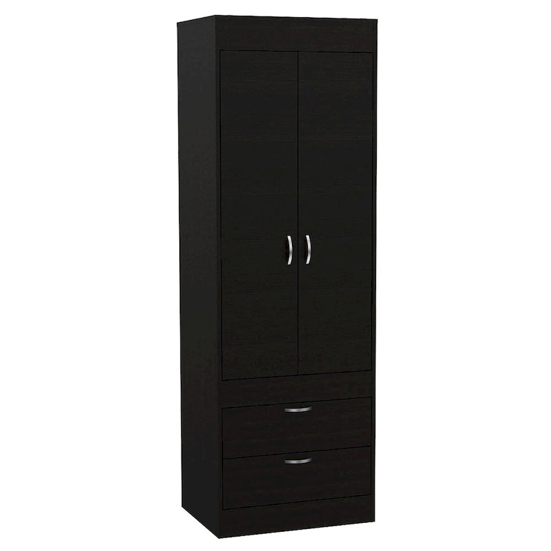 Armoire double porte noire / blanche / grise avec 2 tiroirs et tringle à vêtements, 1 personne