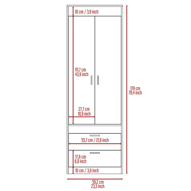 Armoire double porte noire / blanche / grise avec 2 tiroirs et tringle à vêtements, 1 personne