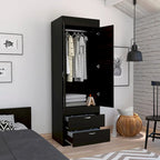 Armoire double porte noire / blanche / grise avec 2 tiroirs et tringle à vêtements, 1 personne