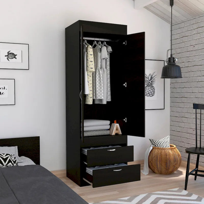 Armoire double porte noire / blanche / grise avec 2 tiroirs et tringle à vêtements, 1 personne