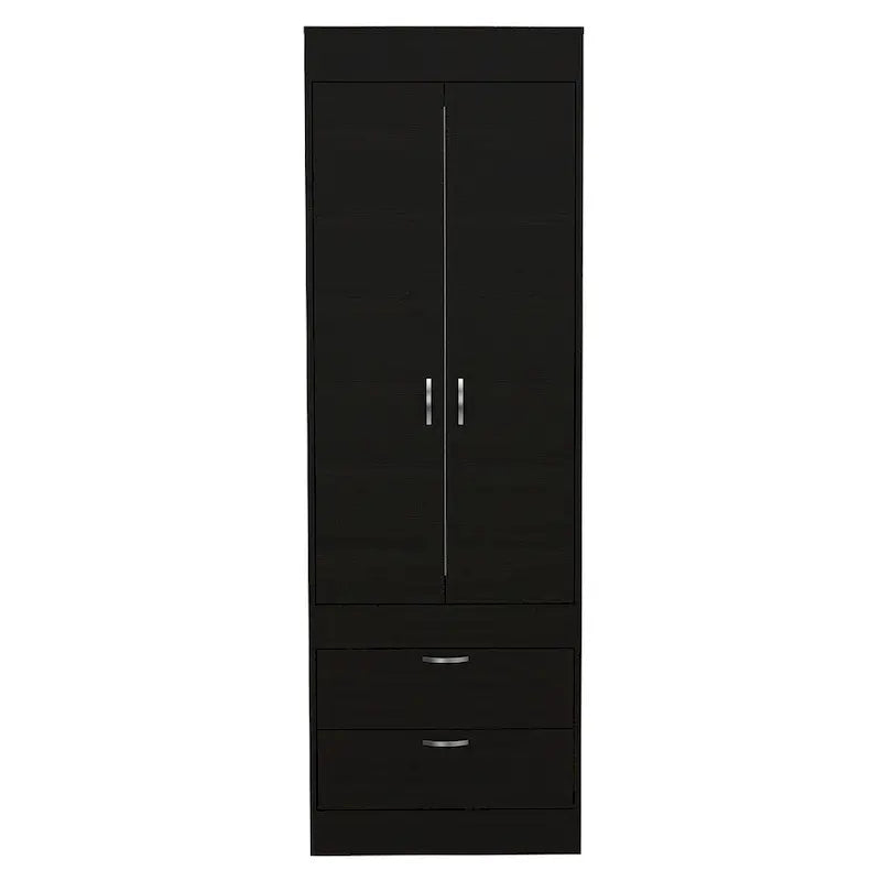 Armoire double porte noire / blanche / grise avec 2 tiroirs et tringle à vêtements, 1 personne