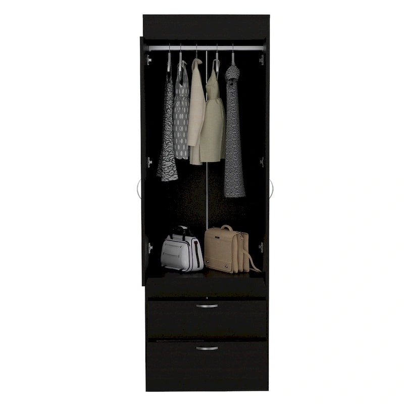 Armoire double porte noire / blanche / grise avec 2 tiroirs et tringle à vêtements, 1 personne
