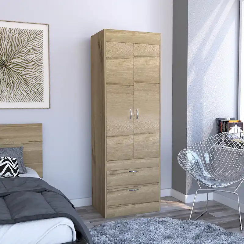 Armoire double porte noire / blanche / grise avec 2 tiroirs et tringle à vêtements, 1 personne