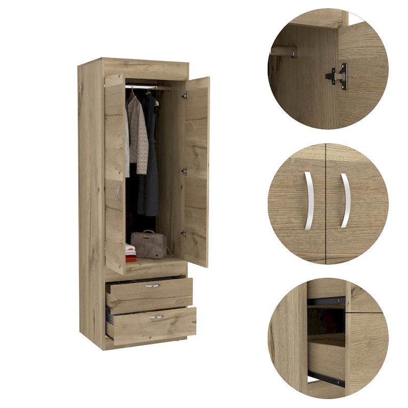 Armoire double porte noire / blanche / grise avec 2 tiroirs et tringle à vêtements, 1 personne