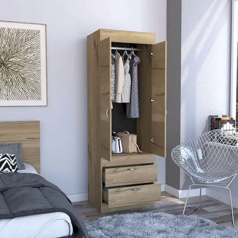 Armoire double porte noire / blanche / grise avec 2 tiroirs et tringle à vêtements, 1 personne