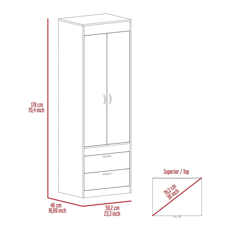 Armoire double porte noire / blanche / grise avec 2 tiroirs et tringle à vêtements, 1 personne
