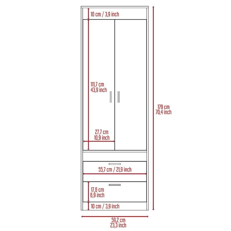 Armoire double porte noire / blanche / grise avec 2 tiroirs et tringle à vêtements, 1 personne