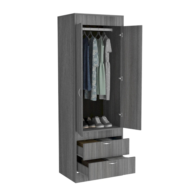 Armoire double porte noire / blanche / grise avec 2 tiroirs et tringle à vêtements, 1 personne