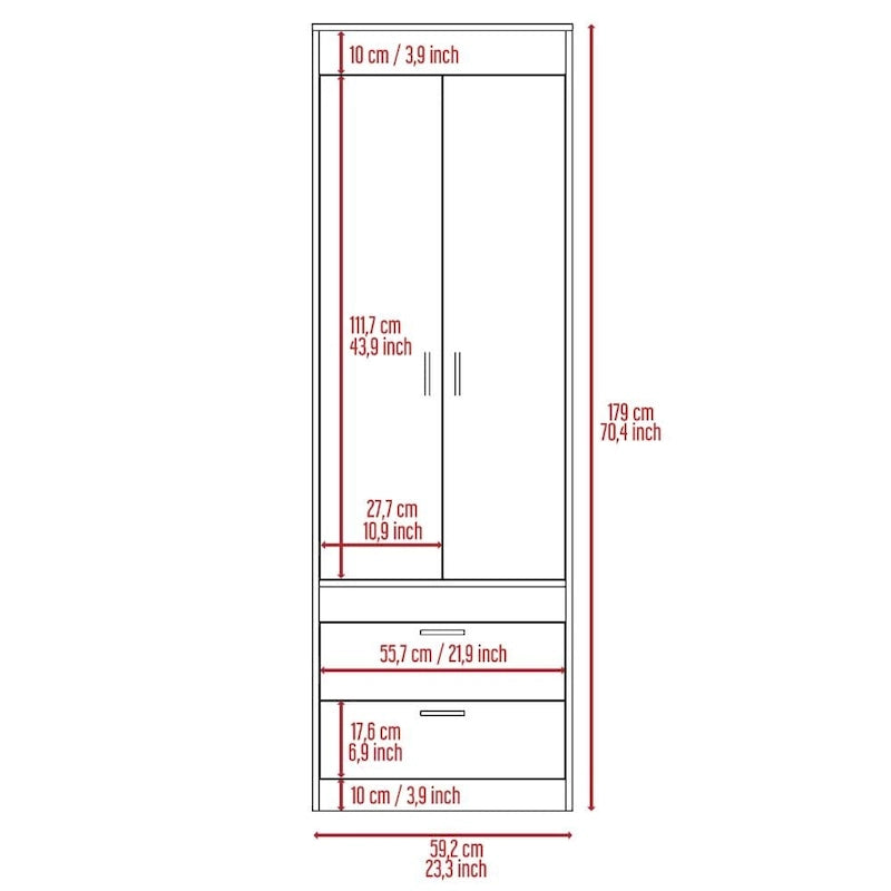Armoire double porte noire / blanche / grise avec 2 tiroirs et tringle à vêtements, 1 personne