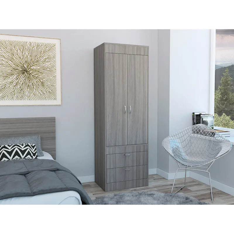 Armoire double porte noire / blanche / grise avec 2 tiroirs et tringle à vêtements, 1 personne