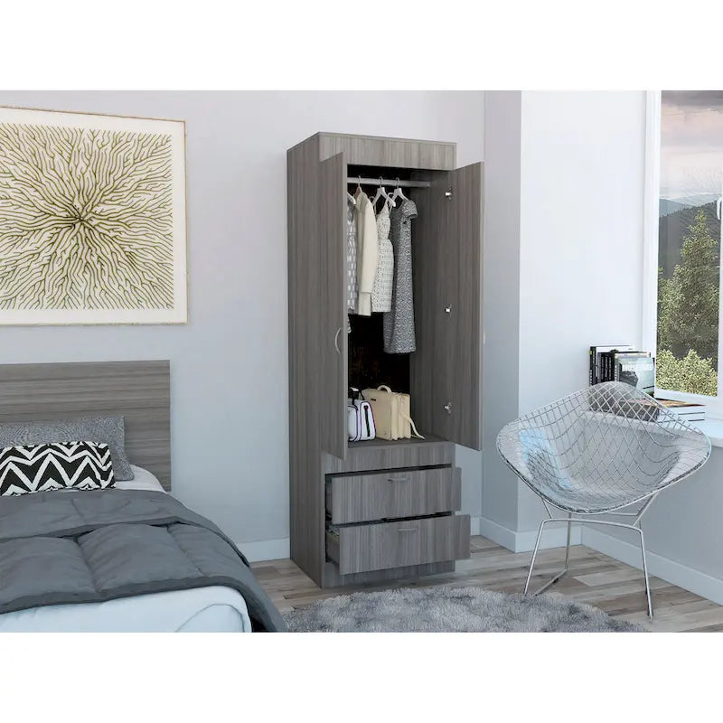 Armoire double porte noire / blanche / grise avec 2 tiroirs et tringle à vêtements, 1 personne