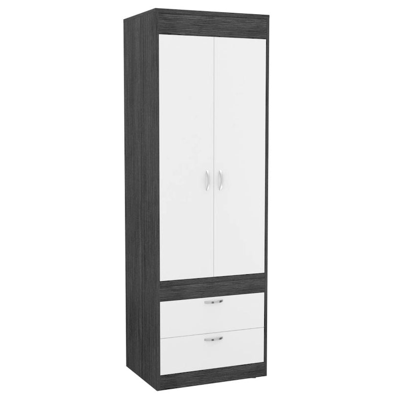 Armoire double porte noire / blanche / grise avec 2 tiroirs et tringle à vêtements, 1 personne