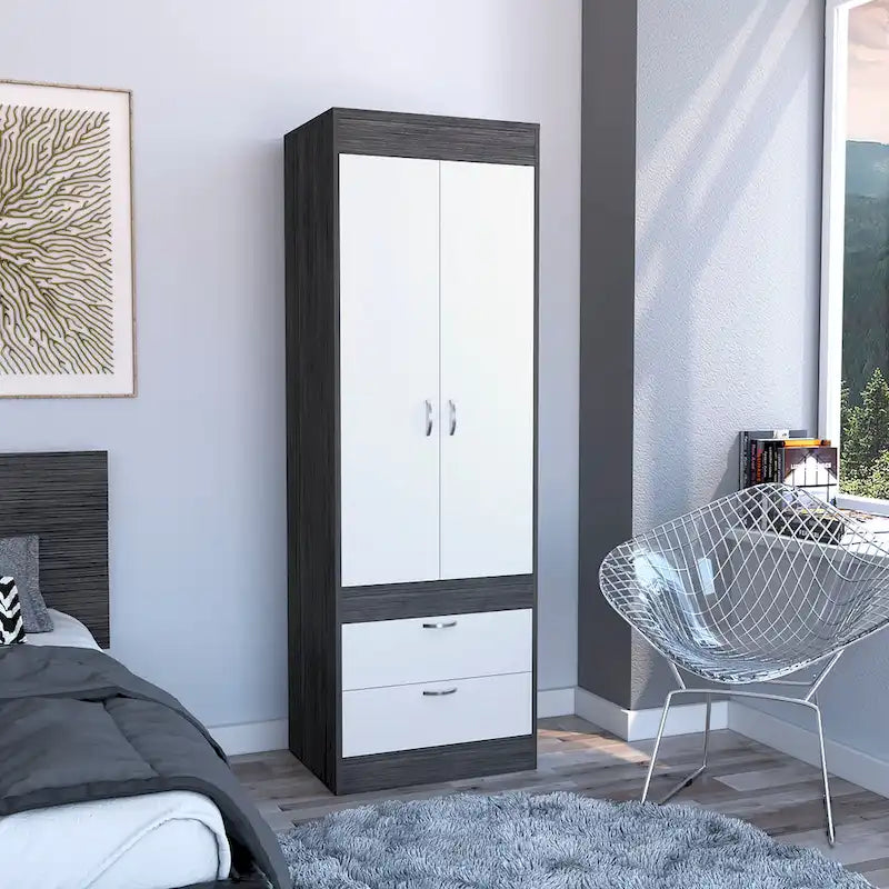 Armoire double porte noire / blanche / grise avec 2 tiroirs et tringle à vêtements, 1 personne