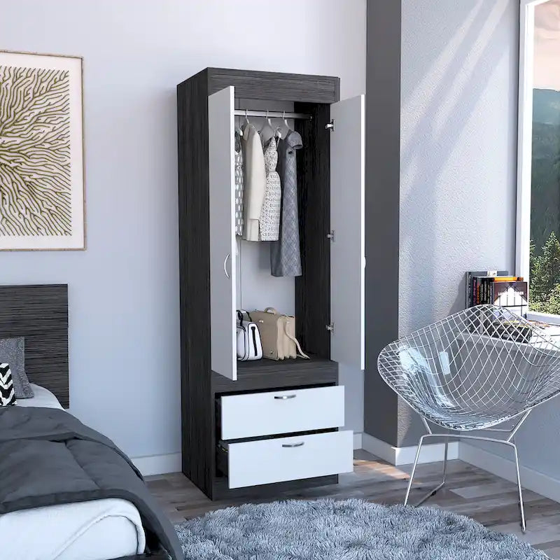 Armoire double porte noire / blanche / grise avec 2 tiroirs et tringle à vêtements, 1 personne
