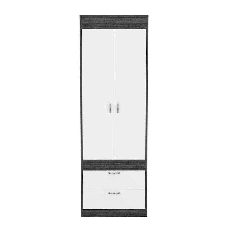 Armoire double porte noire / blanche / grise avec 2 tiroirs et tringle à vêtements, 1 personne