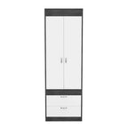 Armoire double porte noire / blanche / grise avec 2 tiroirs et tringle à vêtements, 1 personne