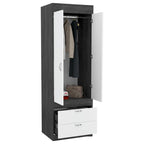 Armoire double porte noire / blanche / grise avec 2 tiroirs et tringle à vêtements, 1 personne