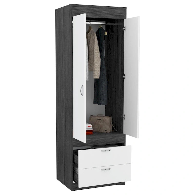 Armoire double porte noire / blanche / grise avec 2 tiroirs et tringle à vêtements, 1 personne