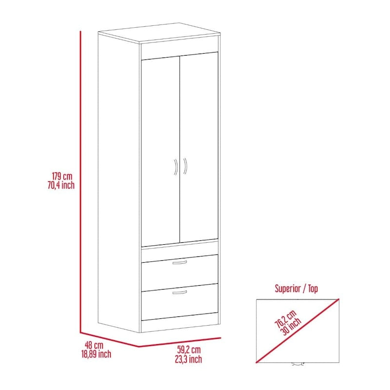 Armoire double porte noire / blanche / grise avec 2 tiroirs et tringle à vêtements, 1 personne