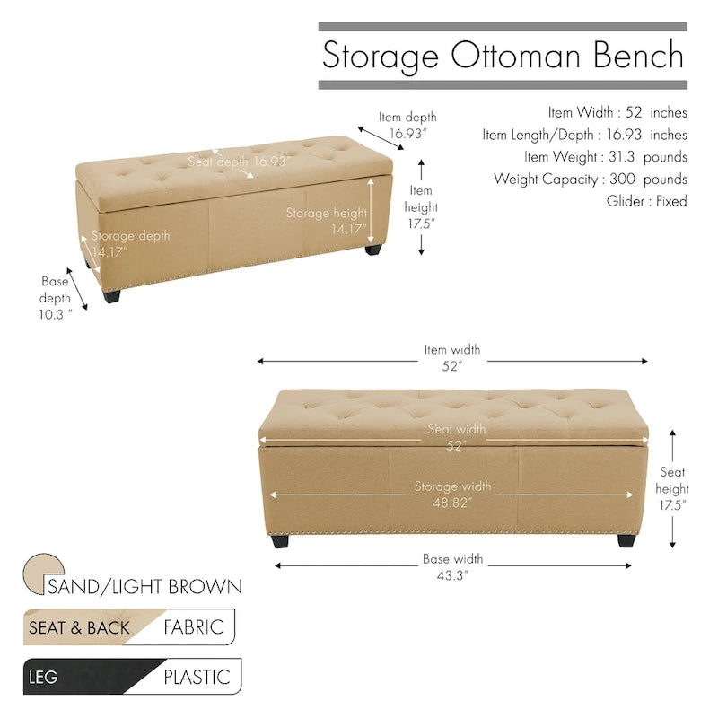 Sable/Marron clair · Gris · Gris foncé | Banc de rangement capitonné avec couvercle relevable | Siège simple