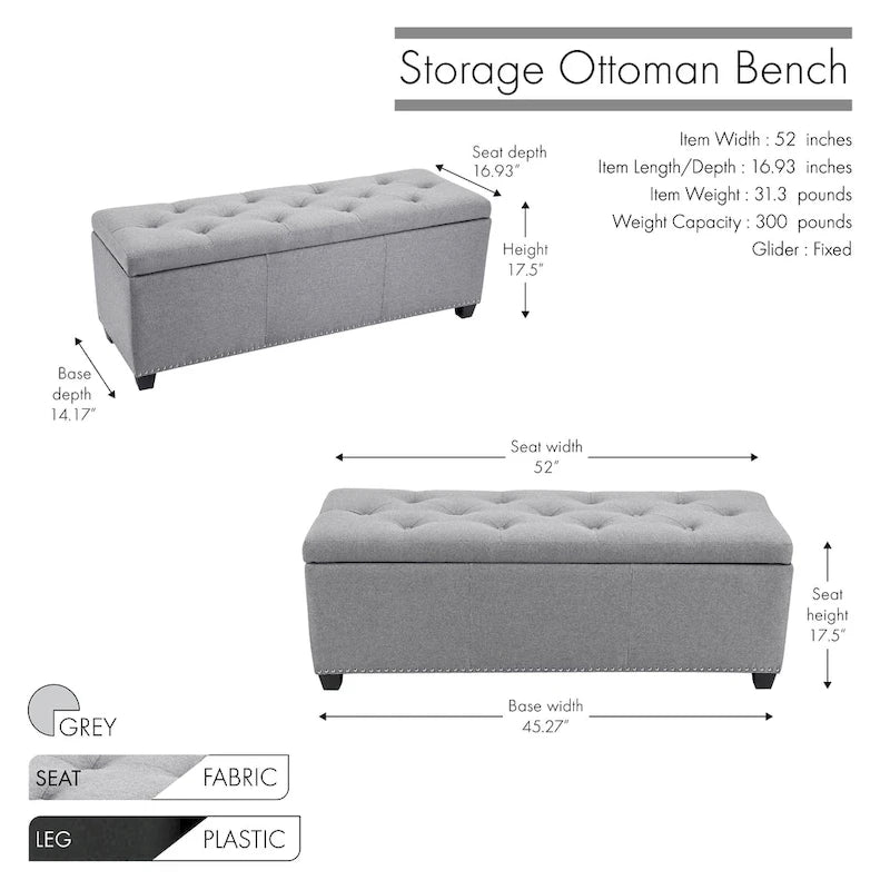 Sable/Marron clair · Gris · Gris foncé | Banc de rangement capitonné avec couvercle relevable | Siège simple