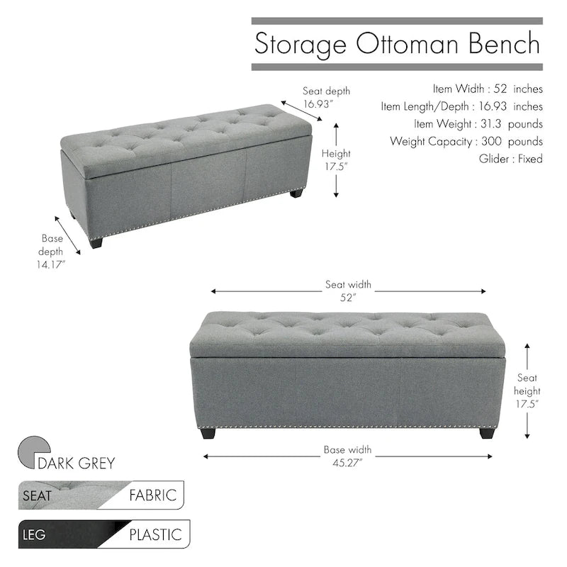 Sable/Marron clair · Gris · Gris foncé | Banc de rangement capitonné avec couvercle relevable | Siège simple