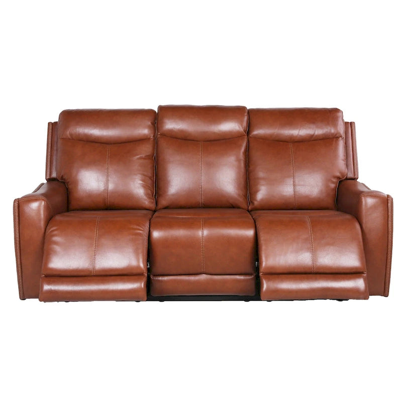 Canapé inclinable électrique 3 places en cuir véritable et simili cuir, Caramel Marron / Gris Ardoise