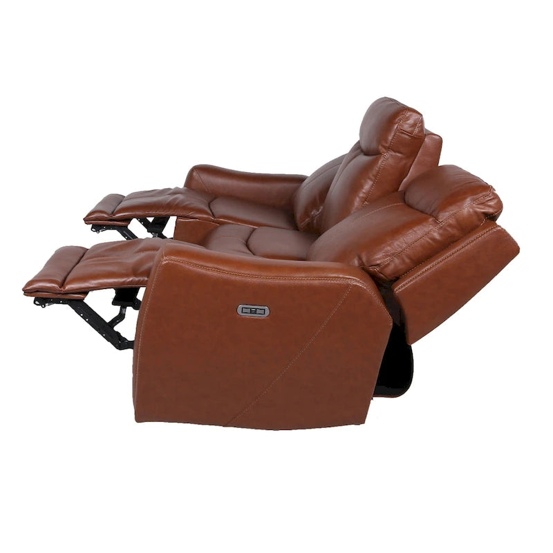 Canapé inclinable électrique 3 places en cuir véritable et simili cuir, Caramel Marron / Gris Ardoise