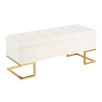 Banc de rangement 2 places en velours blanc/rose, cadre en métal doré, couvercle à charnière