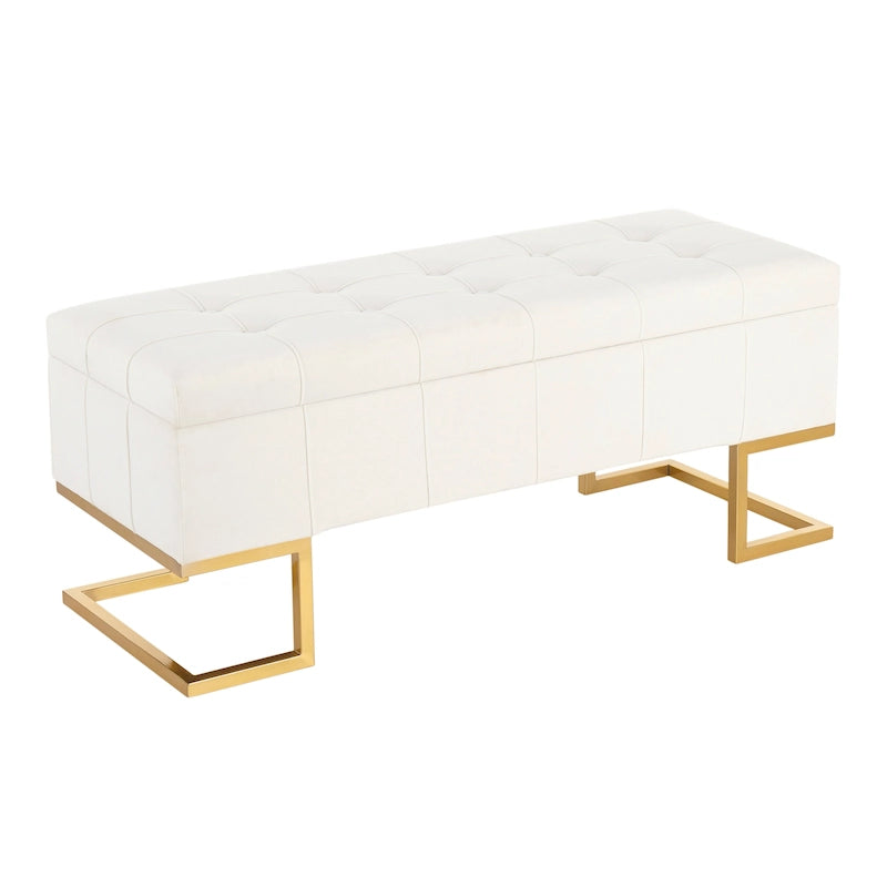 Banc de rangement 2 places en velours blanc/rose, cadre en métal doré, couvercle à charnière