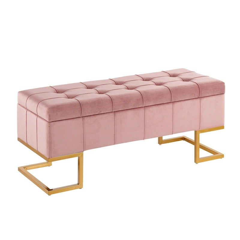 Banc de rangement 2 places en velours blanc/rose, cadre en métal doré, couvercle à charnière