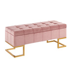 Banc de rangement 2 places en velours blanc/rose, cadre en métal doré, couvercle à charnière