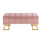 Banc de rangement 2 places en velours blanc/rose, cadre en métal doré, couvercle à charnière