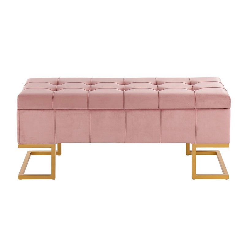 Banc de rangement 2 places en velours blanc/rose, cadre en métal doré, couvercle à charnière