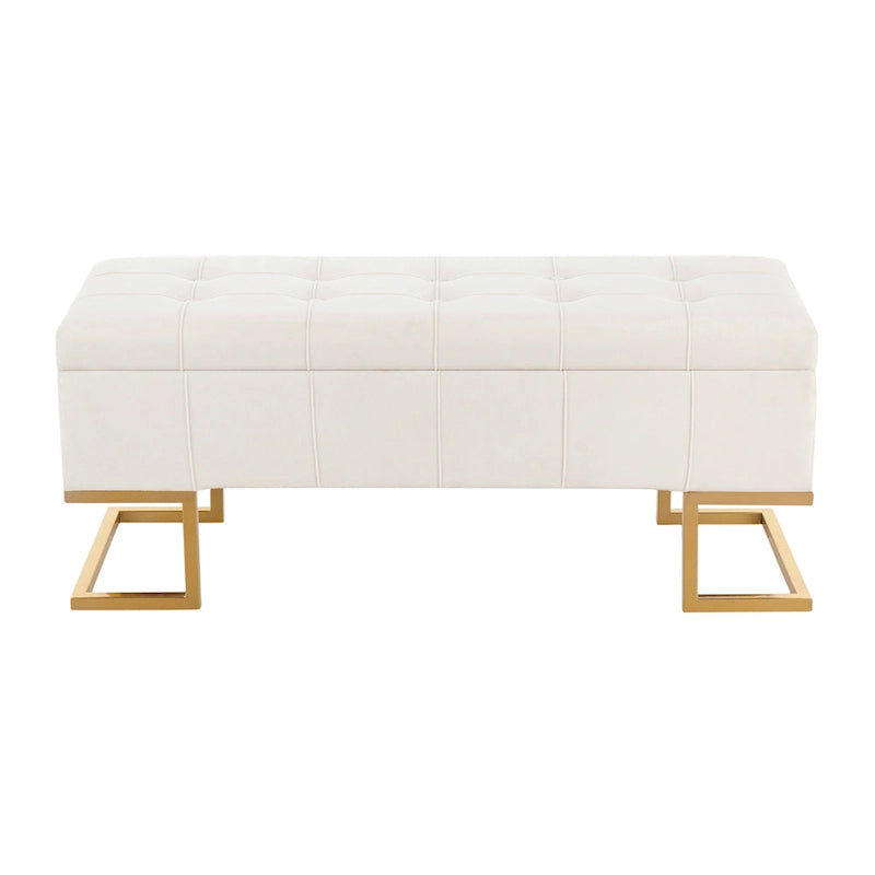 Banc de rangement 2 places en velours blanc/rose, cadre en métal doré, couvercle à charnière