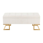 Banc de rangement 2 places en velours blanc/rose, cadre en métal doré, couvercle à charnière