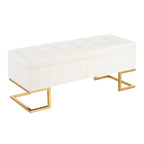Banc de rangement 2 places en velours blanc/rose, cadre en métal doré, couvercle à charnière